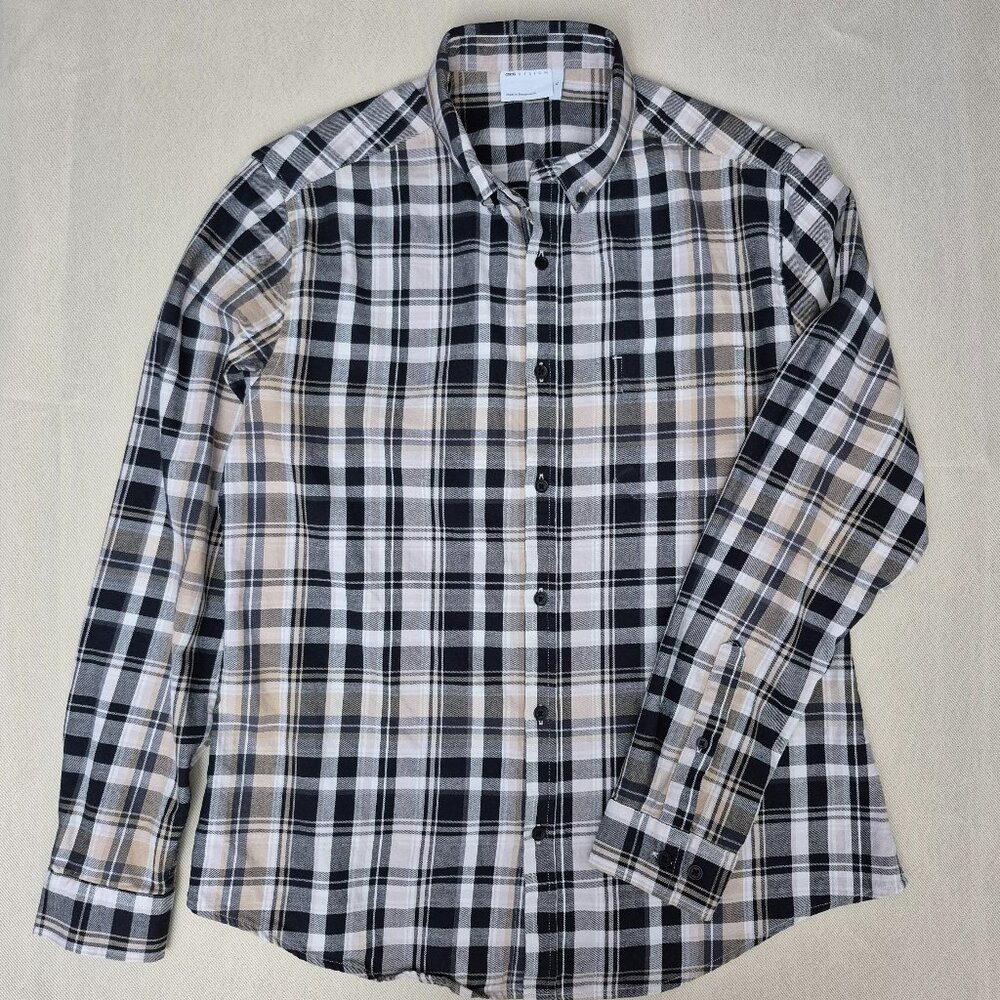 ASOS Men's Beige/Black Plaid Button-Up Long Sleeve Shirt SZ XL Cotton
